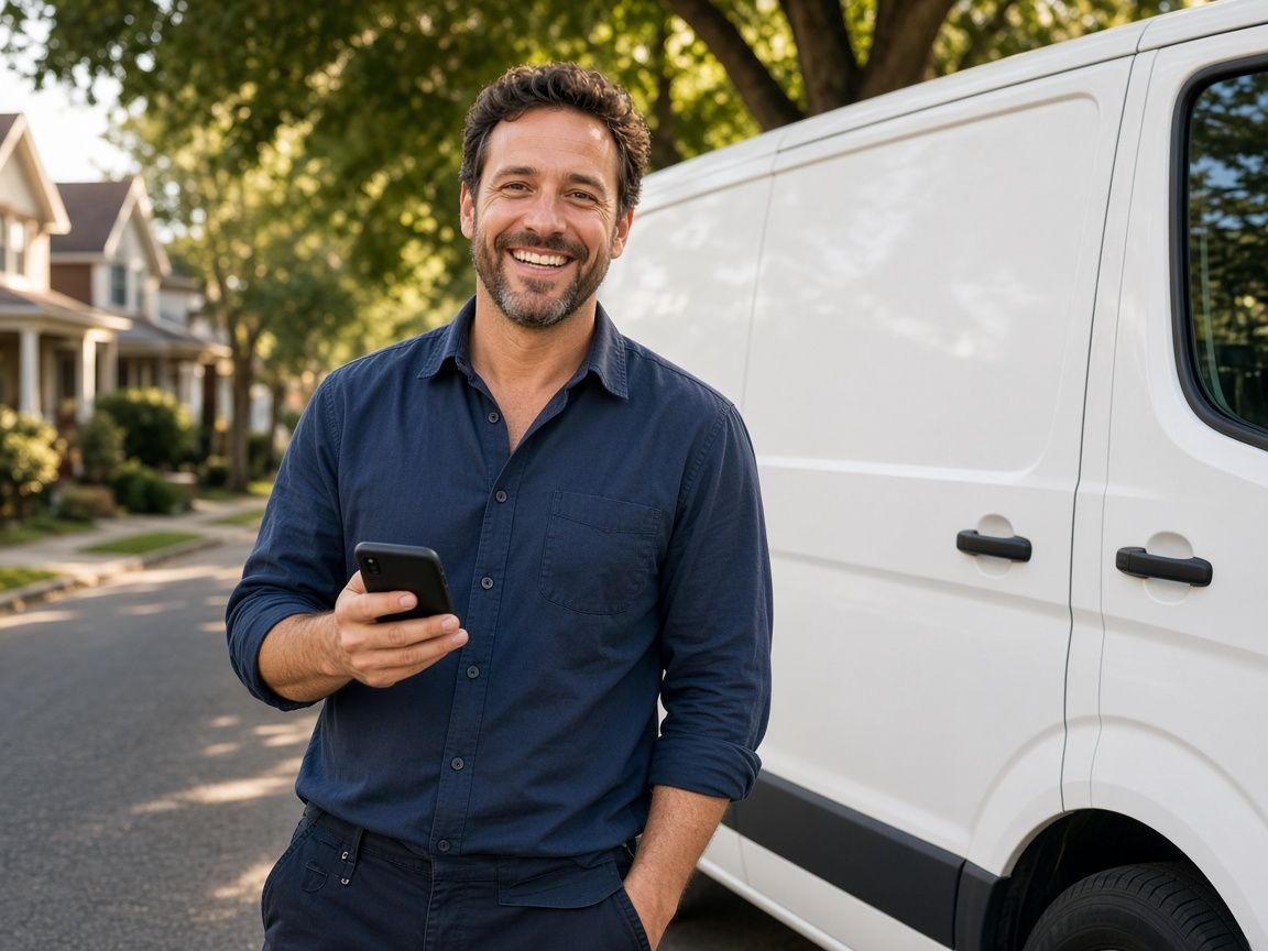 Illustrative image: a smiling home services professional holding a phone beside a white work van on a residential street.