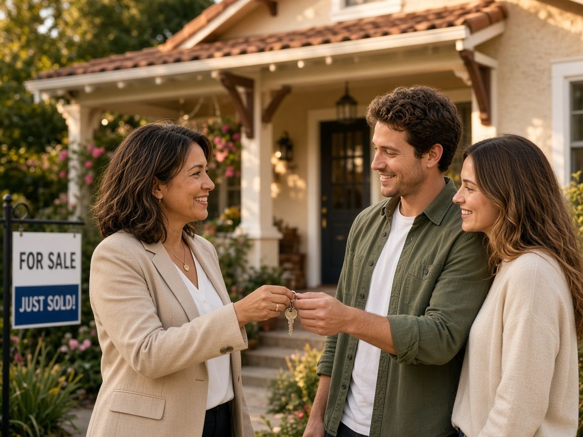 Illustrative image: a smiling real estate agent hands house keys to a happy couple outside a home with a sold sign.